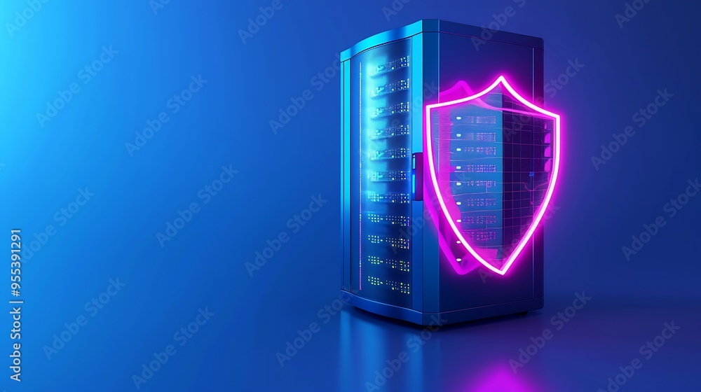 Data server with neon pink shield, symbolizing cybersecurity and data protection in a blue background, representing secure data storage. Data server with neon pink shield, symbolizing cybersecurity and data protection in a blue background, representing secure data storage.