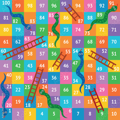 Snake ladder. Snakes ladders board game template, children puzzle play fun competition gaming exercise toy dice on abstract number stage finish start, ingenious vector illustration