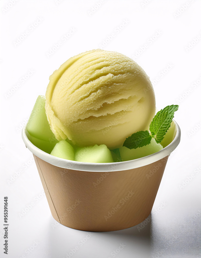 A creamy scoop of melon ice cream sits atop a bed of fresh melon cubes in a brown paper cup. A sprig of mint adds a touch of color and freshness A creamy scoop of melon ice cream sits atop a bed of fresh melon cubes in a brown paper cup. A sprig of mint adds a touch of color and freshness