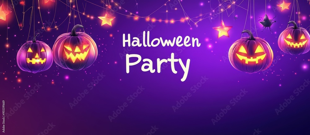 purple background with glowing stars, cartoon pumpkins, and the inscription purple background with glowing stars, cartoon pumpkins, and the inscription