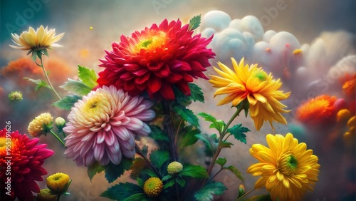 Vibrant Chrysanthemums in Bloom with Soft Focus Background, Yellow, Red, and Pink Flowers