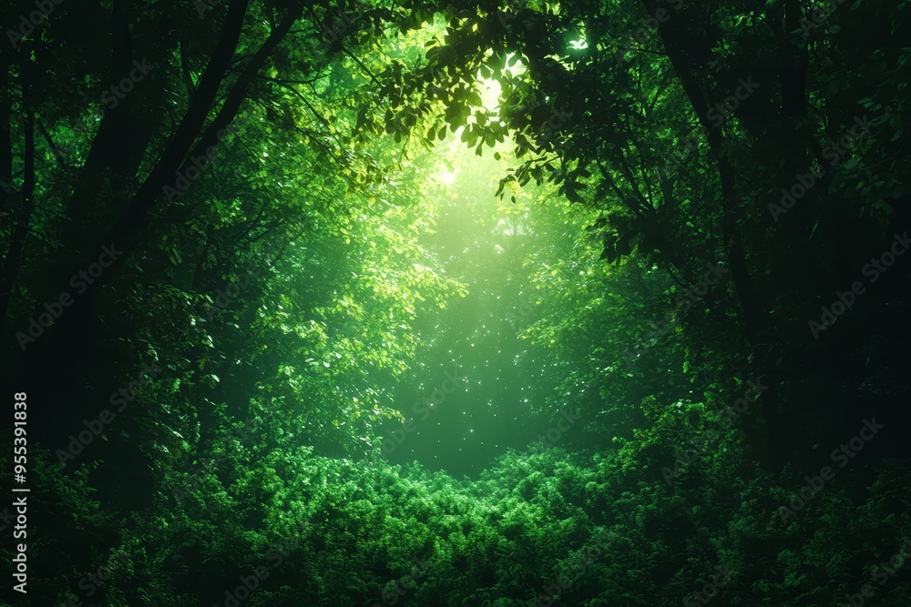 A mystical forest scene with dense foliage creating a shadowy path leading towards a sunlit clearing. The image symbolizes nature's mystery, the passage of time, and the beauty of light breaking thro A mystical forest scene with dense foliage creating a shadowy path leading towards a sunlit clearing. The image symbolizes nature's mystery, the passage of time, and the beauty of light breaking thro
