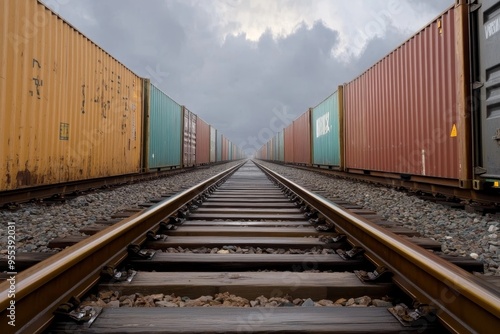 A perspective shot of railway tracks leading to a row of cargo containers. The tracks converge in the distance, creating a sense of perspective and conveying the vastness of global trade. The containe photo