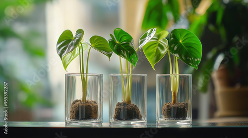 Quatro brotos de plantas modernas de Philodendron Splendid em vidro e vaso, prontos para serem transplantados para o solo, close-up. Propagação simples de plantas de casa Araceae por caules na água.  photo