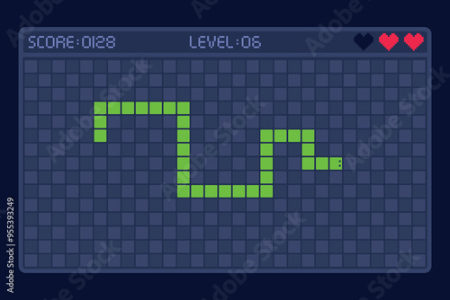 Snake game. Digital snakes mobile app pixel gaming retro phone, cellphone display fun play screen geometric shape minimal puzzle old telephone 2d ui, ingenious vector illustration