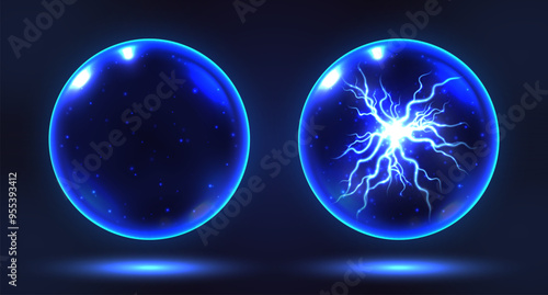 Crystal magic ball, mystic prophecy orb with lightning inside, oracle sphere with sparkling stars and electric charge. Fantasy vector illustration.