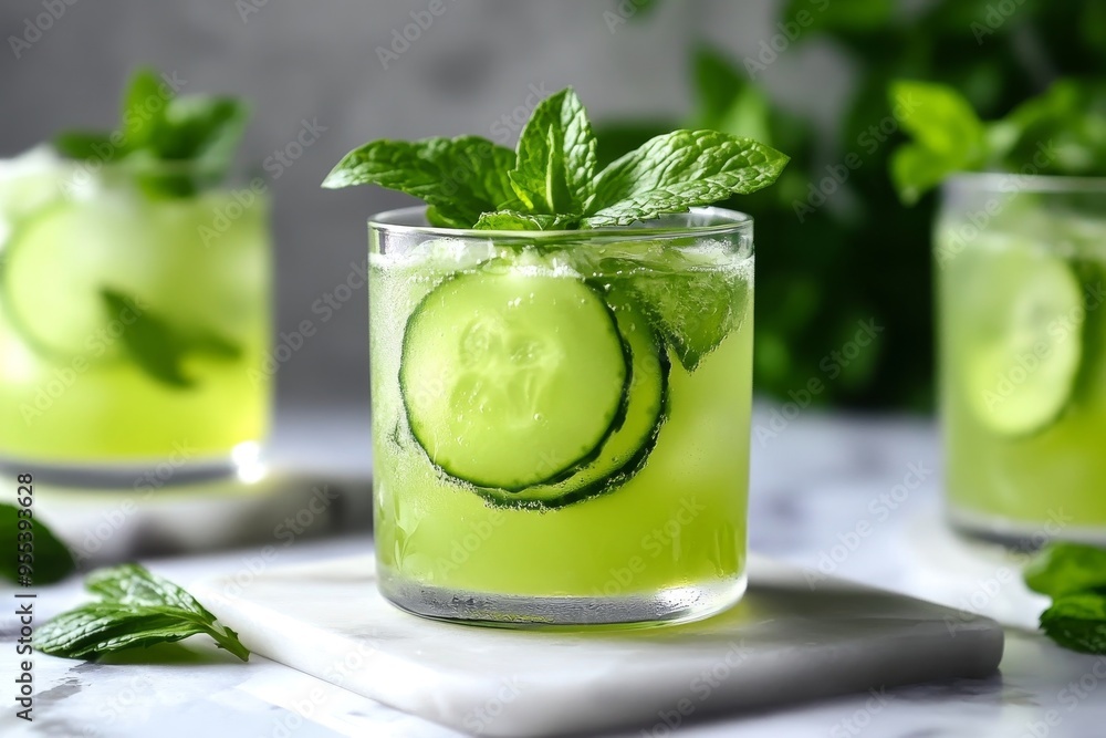 A refreshing and summery cocktail with cucumber slices, mint leaves, and ice. The drink is perfect for a hot day and symbolizes hydration, health, freshness, and natural flavors. A refreshing and summery cocktail with cucumber slices, mint leaves, and ice. The drink is perfect for a hot day and symbolizes hydration, health, freshness, and natural flavors.