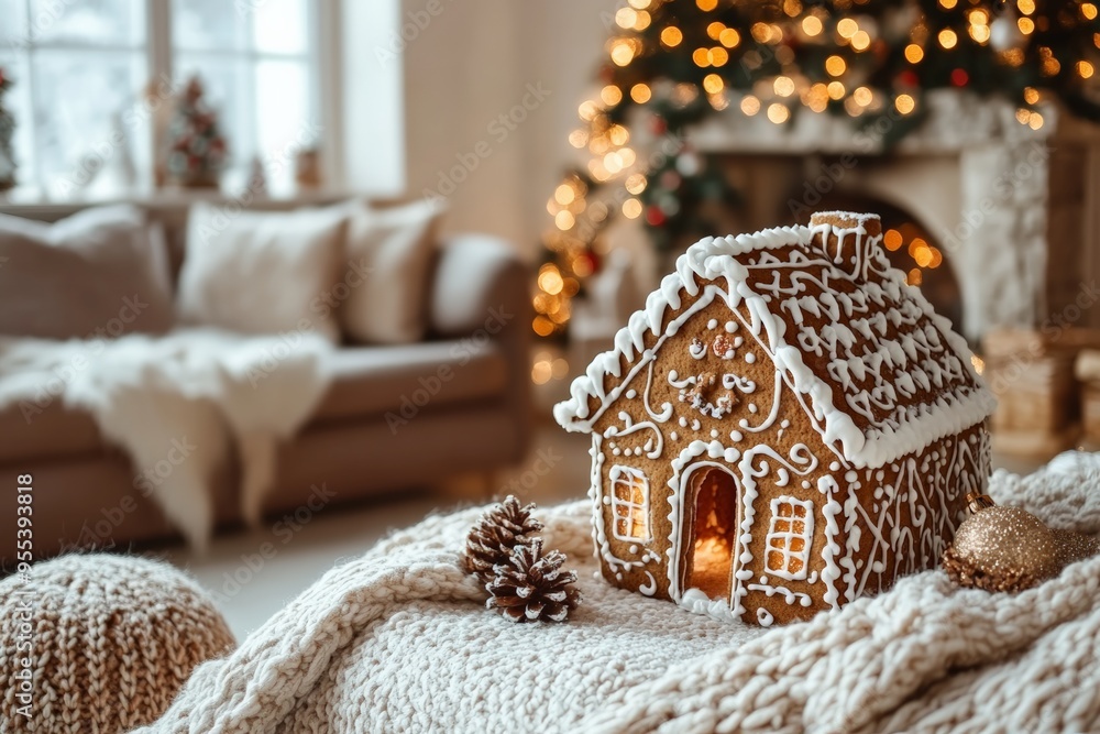 A charming gingerbread house adorned with icing and lights, set in a cozy living room with a Christmas tree and warm lighting. A charming gingerbread house adorned with icing and lights, set in a cozy living room with a Christmas tree and warm lighting.