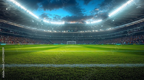 Vibrant Floodlit Soccer Stadium with a Packed Crowd Cheering on the Match