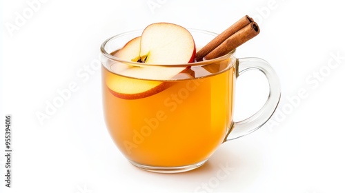 A rustic mug filled with steaming hot apple cider, garnished with a cinnamon stick and a fresh apple slice. The warm beverage evokes feelings of comfort, autumnal flavors, and cozy winter evenings.