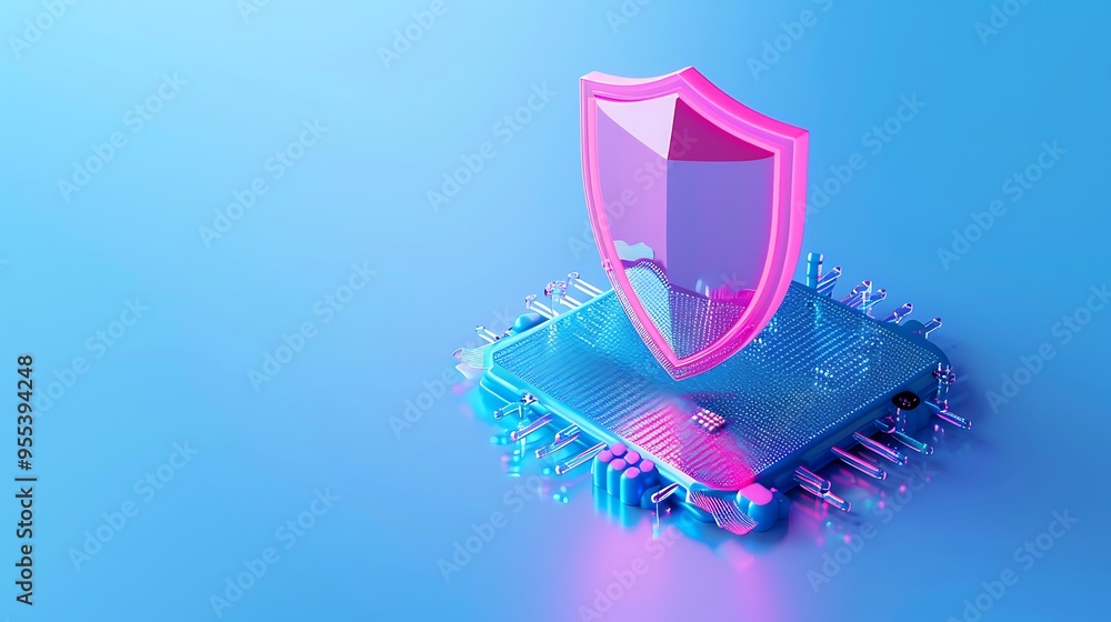 Digital illustration of a microchip with a protective shield, symbolizing cybersecurity, data protection, and advanced technology. Digital illustration of a microchip with a protective shield, symbolizing cybersecurity, data protection, and advanced technology.