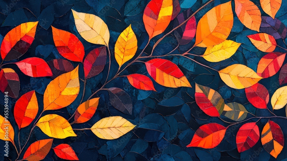 Autumn Leaves in Vibrant Hues: Red, orange, and yellow leaves against a dark blue background. Autumn Leaves in Vibrant Hues: Red, orange, and yellow leaves against a dark blue background.