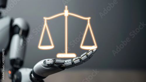 Robotic hand balancing holographic scales, representing modern technology in justice and legal systems, futuristic legal concepts. photo