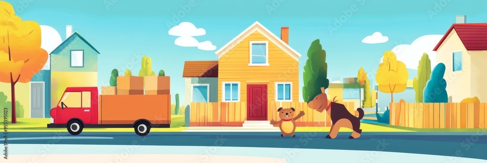 Cartoon animals joyfully helping with a housewarming move on a sunny day Cartoon animals joyfully helping with a housewarming move on a sunny day