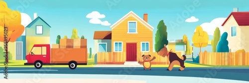 Cartoon animals joyfully helping with a housewarming move on a sunny day
