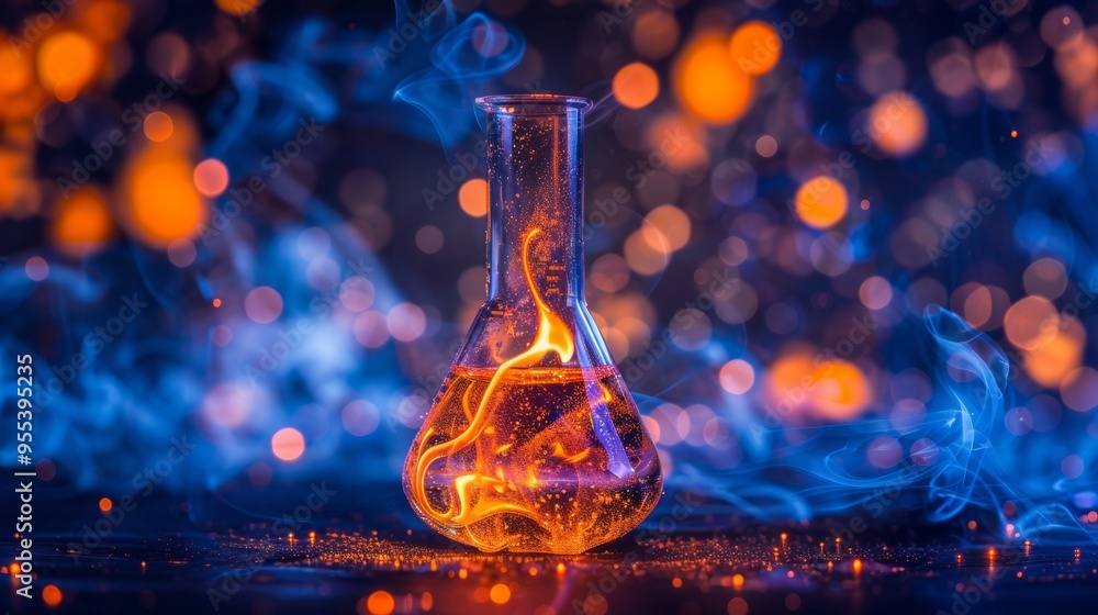 Vibrant chemical reaction in glass beaker creating magical smoke and sensory explosion effects Vibrant chemical reaction in glass beaker creating magical smoke and sensory explosion effects