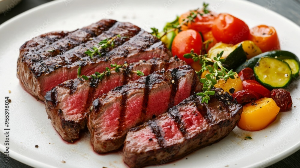 A stylishly presented steak dinner, with succulent slices of grilled steak arranged artfully on a white plate, accompanied by colorful vegetable medley. A stylishly presented steak dinner, with succulent slices of grilled steak arranged artfully on a white plate, accompanied by colorful vegetable medley.