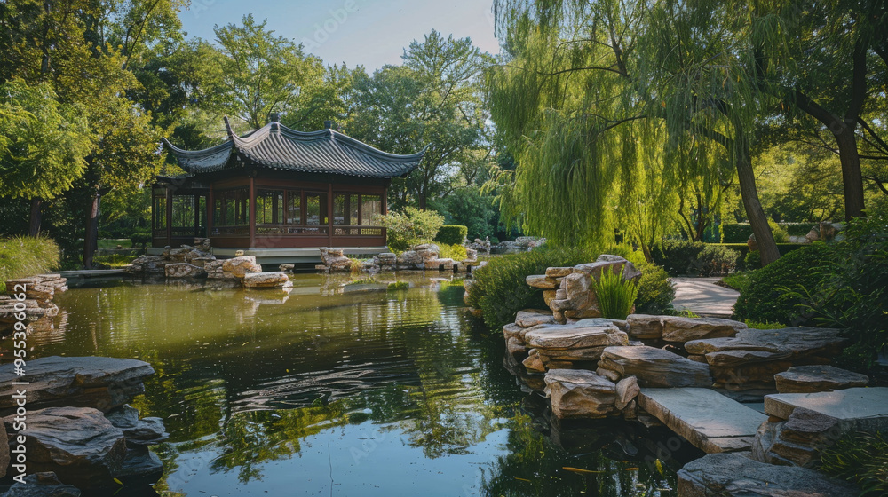 A pond with a stone bridge and a pavilion in the background A pond with a stone bridge and a pavilion in the background