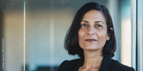Portrait headshot of professional mature Indian woman wearing business suit, office interior
