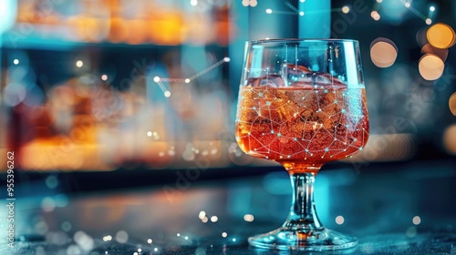 alcoholic cocktail. glass with a drink, featuring a digital network overlay. social connectivity, neural connections