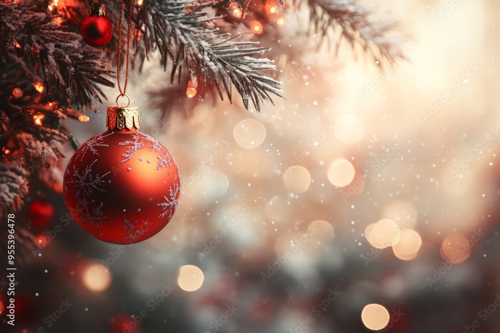 A red Christmas bauble hanging from a snowy evergreen branch, surrounded by softly glowing bokeh lights, capturing the magic of the holiday season. A red Christmas bauble hanging from a snowy evergreen branch, surrounded by softly glowing bokeh lights, capturing the magic of the holiday season.