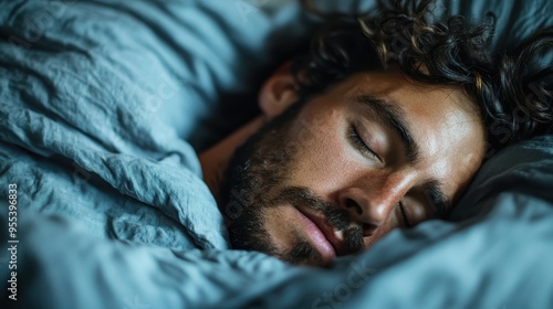 An image of a cozy bed scene, featuring a blanket and a person sleeping softly. It suggests peace, comfort, and restfulness, highlighting the serene atmosphere of a sleeping environment. photo