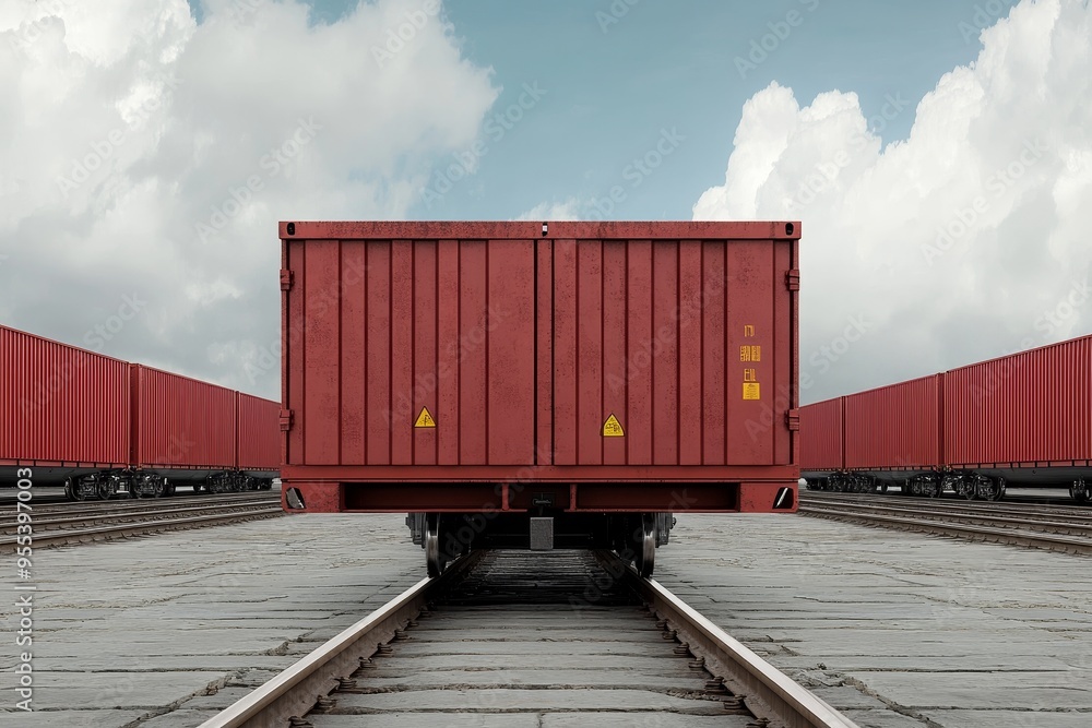 A single red cargo container sits on a freight train track, with other containers extending to the left and right. The container is balanced perfectly on the tracks, symbolizing the delicate balance o A single red cargo container sits on a freight train track, with other containers extending to the left and right. The container is balanced perfectly on the tracks, symbolizing the delicate balance o