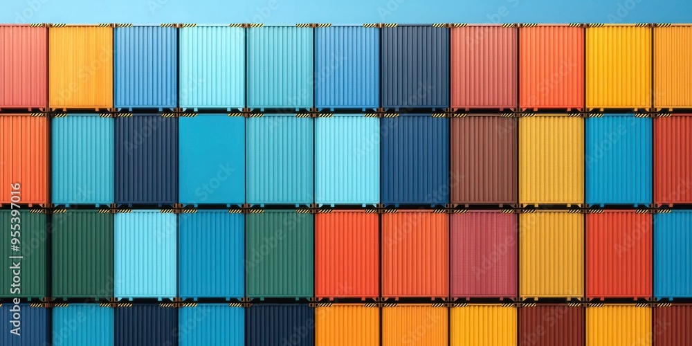 A vibrant array of colorful shipping containers stacked against a bright blue sky, showcasing modern logistics and transport. A vibrant array of colorful shipping containers stacked against a bright blue sky, showcasing modern logistics and transport.