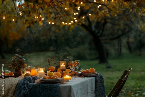 Fototapeta Naklejka Na Ścianę i Meble -  A table with a beautiful fall centerpiece and a variety of fall fruits and vegetables. The table is set for a dinner party with candles and glasses