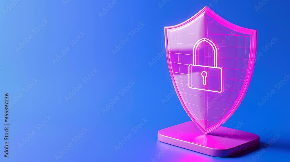 Digital security concept with a neon pink shield and padlock on a blue background, representing data protection and cybersecurity. Digital security concept with a neon pink shield and padlock on a blue background, representing data protection and cybersecurity.