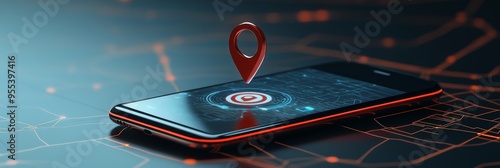 A smartphone with a digital map interface displaying a red location pin hovering above the screen, representing the concept of geofencing and location-based services. photo