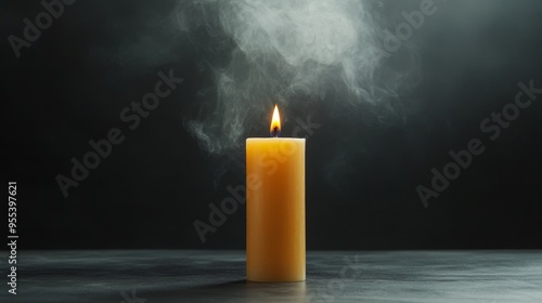 A single, yellow candle burns brightly on a dark surface, emanating a wispy plume of smoke. This symbolizes purification, spiritual cleansing, and the power of intention in magic rituals. The smoke re photo