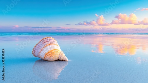 A beautiful seashell resting on a serene beach under a colorful sunset, reflecting the tranquility of nature and ocean. photo