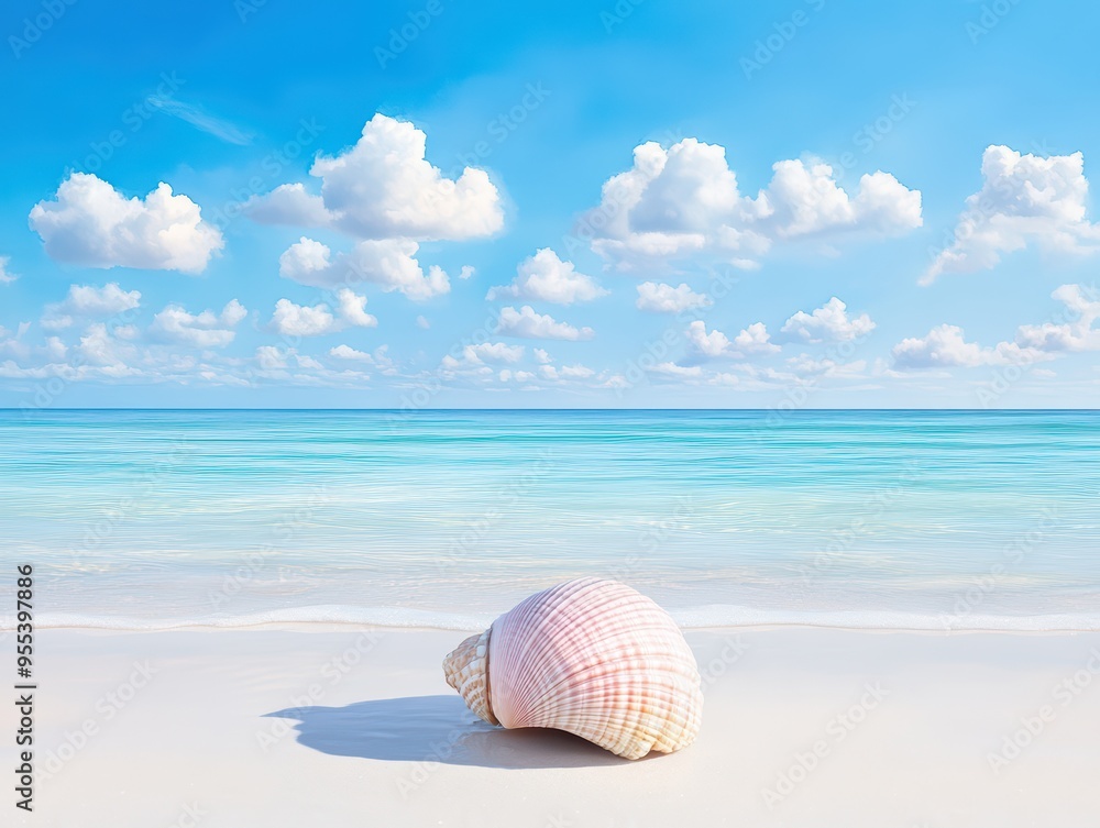 A beautiful seashell resting on a serene beach with clear turquoise waters and fluffy clouds in the blue sky. A beautiful seashell resting on a serene beach with clear turquoise waters and fluffy clouds in the blue sky.