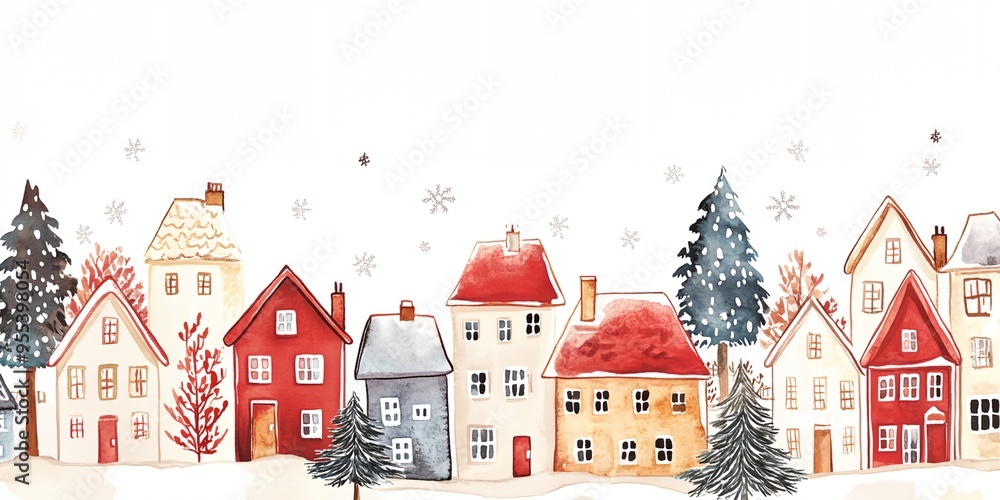 A winter scene with houses and trees. The houses are red and white and are spread out across the snowy landscape. The trees are bare and the snow is covering the ground A winter scene with houses and trees. The houses are red and white and are spread out across the snowy landscape. The trees are bare and the snow is covering the ground