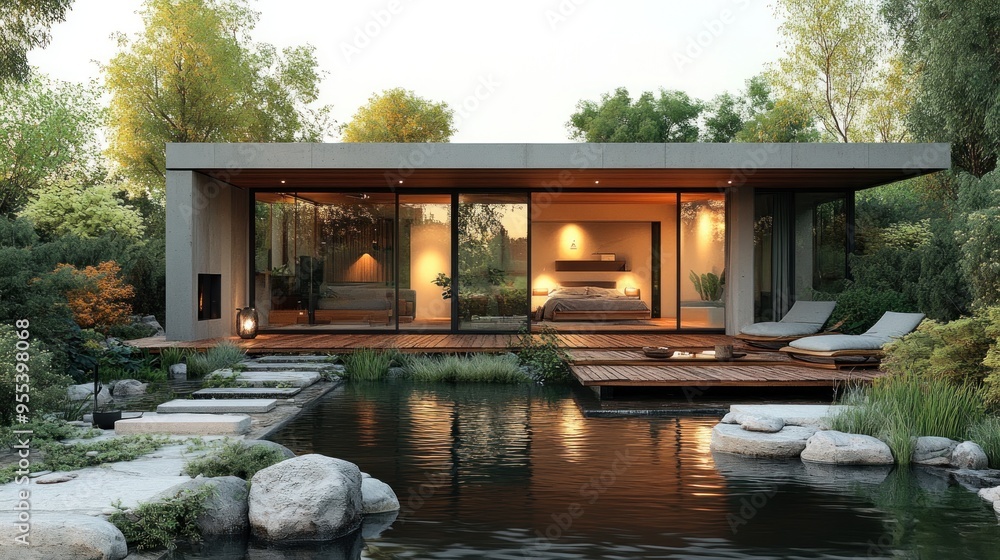 Modern house surrounded by nature with a serene water feature. Modern house surrounded by nature with a serene water feature.