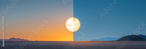 A split horizon image showcasing the sun rising on one side and the moon setting on the other, symbolizing the transition from day to night, new beginnings, and duality. The desert landscape adds a se photo