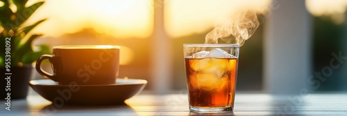 A steaming cup of coffee and a glass of iced tea sit on a table in front of a window with a warm sunset. The scene represents the transition from cold winter to warm spring. The coffee symbolizes comf photo