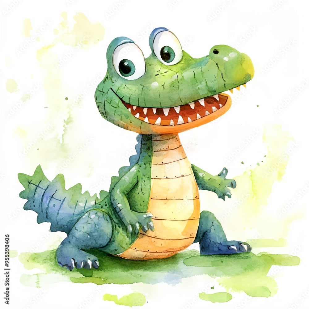 Fototapeta premium A cartoon crocodile with a big smile on its face. It is sitting on the grass. The crocodile is green and yellow