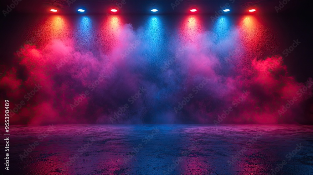 Background of an empty room with smoke and neon light. Dark abstract background Background of an empty room with smoke and neon light. Dark abstract background