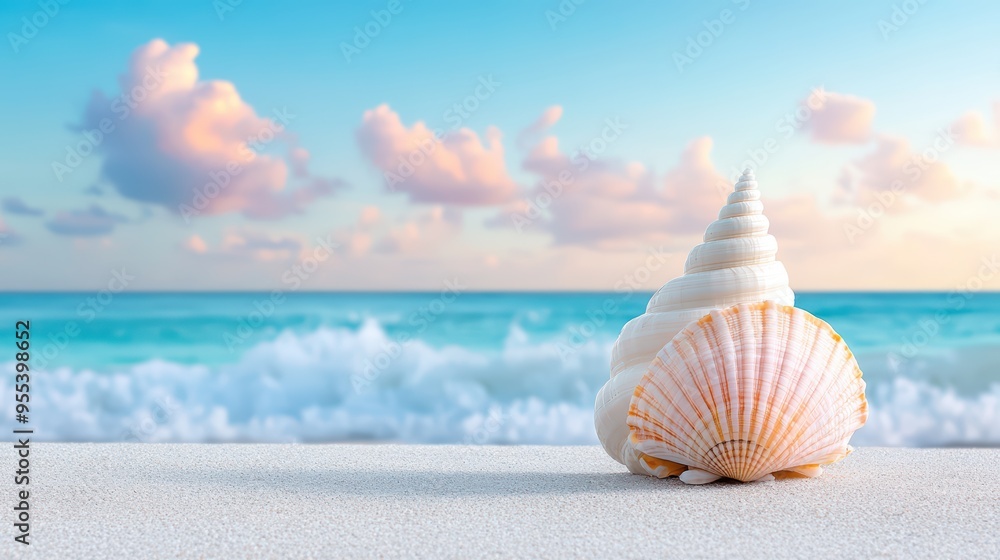 A beautiful seashell resting on sandy beach with gentle waves and pastel clouds in the background, perfect for coastal themes. A beautiful seashell resting on sandy beach with gentle waves and pastel clouds in the background, perfect for coastal themes.