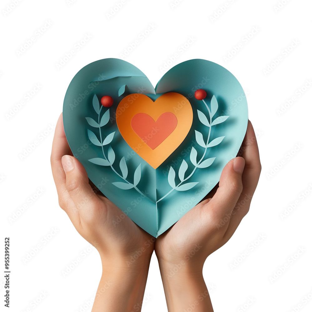 Hands holding a paper heart with leaf and berry decorations inside. Concept of love, care, and handcrafted art. Hands holding a paper heart with leaf and berry decorations inside. Concept of love, care, and handcrafted art.