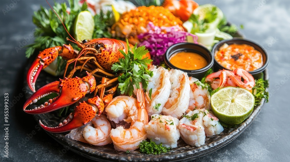 A beautifully arranged seafood platter from Norway, featuring lobster, shrimp, and crab, served with dipping sauces and garnishes. A beautifully arranged seafood platter from Norway, featuring lobster, shrimp, and crab, served with dipping sauces and garnishes.