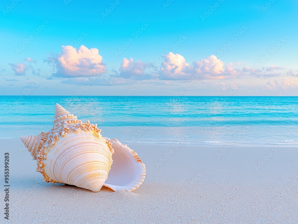 A beautiful seashell resting on soft sand with a tranquil sea and blue sky in the background, perfect for nature lovers.