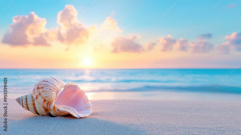A beautiful seashell resting on soft sandy beach at sunset, with vibrant colors illuminating the sky and calm ocean waves. A beautiful seashell resting on soft sandy beach at sunset, with vibrant colors illuminating the sky and calm ocean waves.