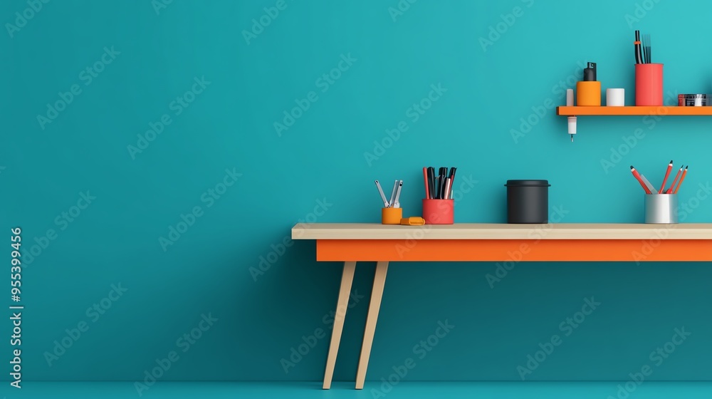 Minimalist workspace with desk and shelves against a teal wall. Minimalist workspace with desk and shelves against a teal wall.