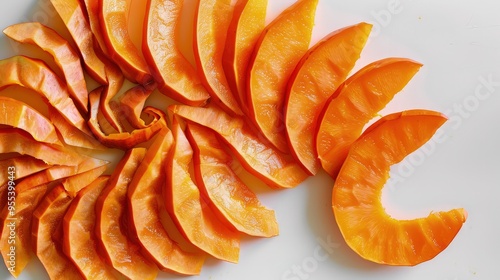 Pumpkin slices arranged to form a spiral pattern on a white surface, creating an artistic and visually striking composition with the natural orange color standing out.