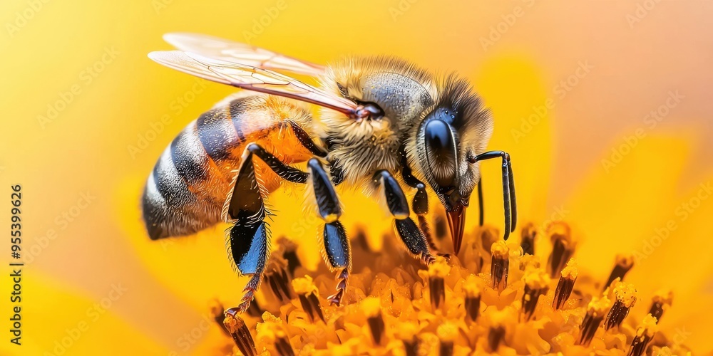 honey bee collecting nectar from a vibrant yellow flower, showcasing the intricate details of nature. honey bee collecting nectar from a vibrant yellow flower, showcasing the intricate details of nature.