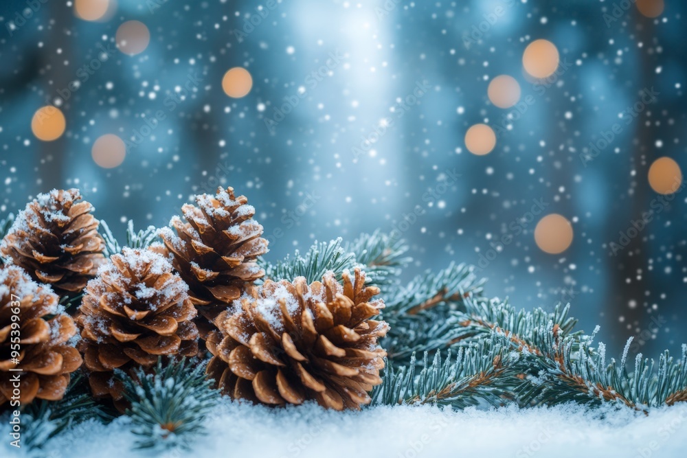 Snow-covered pinecones nestled on frosty evergreen branches, set against a soft, snowy backdrop, capture the serene beauty of winter. Snow-covered pinecones nestled on frosty evergreen branches, set against a soft, snowy backdrop, capture the serene beauty of winter.