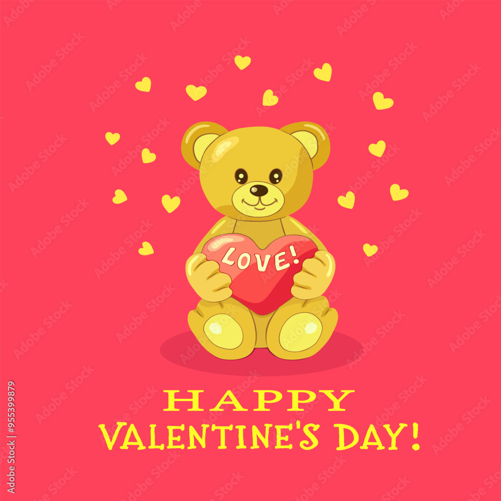 A funny light brown bear cub holds a red heart with the inscription LOVE on a square bright pink background background with hearts and the inscription Happy VALENTINE's DAY. Vector illustration. A funny light brown bear cub holds a red heart with the inscription LOVE on a square bright pink background background with hearts and the inscription Happy VALENTINE's DAY. Vector illustration.